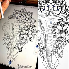 an elephant with flowers on it's head and another drawing