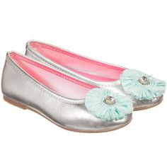 BILLIEBLUSH Silver Leather Shoes with Jewelled Blue Flower Peach Pink, Blue Flower, Girls Fashion, Shop Top