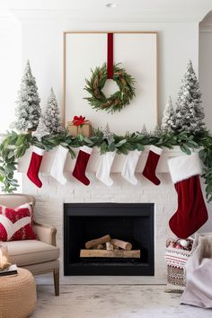 christmas stockings hung over a fireplace in a living room