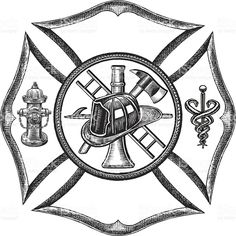 a firefighter's emblem with two axes and an anchor in the center, vintage line drawing or engraving illustration