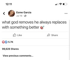 the tweet is being used to describe what god removes he always replaces with something better