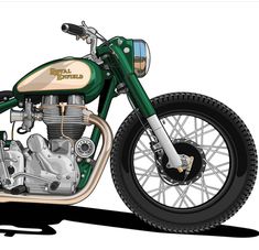 a drawing of a green and white motorcycle on a white background with the words royal enfield written in gold