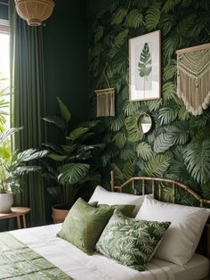 a bedroom with green walls and plants on the wall