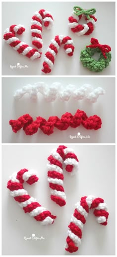 crocheted christmas letters made with yarn and candy canes are shown in three different ways