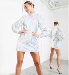 ASOS EDITION mini dress in iridescent square sequin size 4 NWT  | eBay Iridescent White Dress, Hip Hop Elements, Colorful Dress, High Neckline, Short Dress, Dress Collection, Dress Length, Christmas Holidays, Colorful Dresses