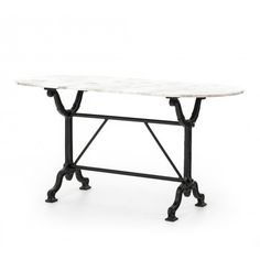 a white table with black legs and a marble top on an iron frame base, isolated against a white background