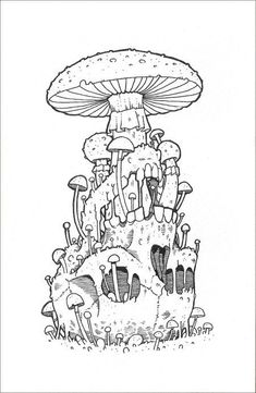 a drawing of a mushroom house with mushrooms growing out of it