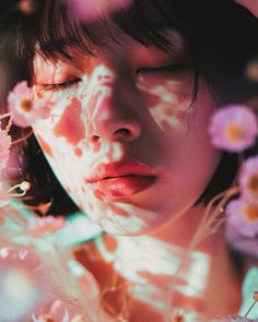 a woman with her eyes closed and flowers in front of her, all around her