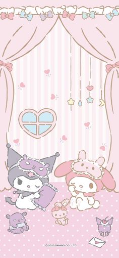 the hello kitty wallpaper is pink and has two cats on it, one with a heart shaped window