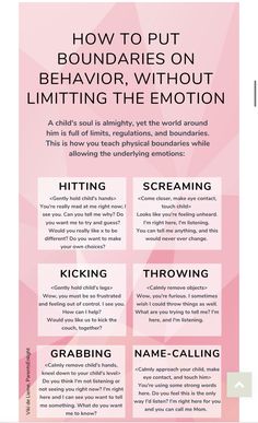 a pink flyer with the words how to put boundariess on behavior, without limiting the motion