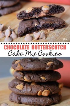 chocolate butterscotch cake mix cookies are stacked on top of each other and the cookie is