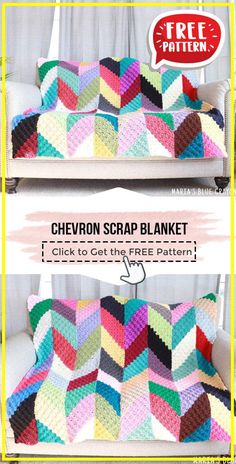 the chevron crochet blanket is shown in two different colors