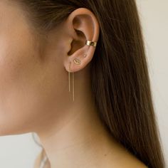 Two slim 14k gold bars on each side of a delicate chain in a thread-through style. Simple, modern and perfect for everyday wear. Straight Earrings, Gold Bars, Delicate Chain, Threader Earrings, Earrings Long, Bar Earrings, Gold Bar, Recycled Gold, Precious Gems