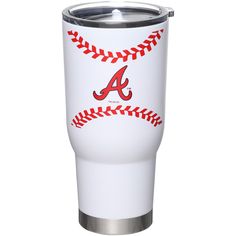 a white tumbler with a red and blue baseball on it