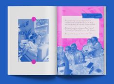 an open book with pictures of people sitting at a table in front of a blue background