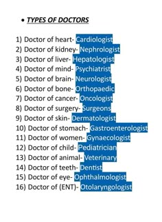 the types of doctors and their names in blue text on a white background with an image of