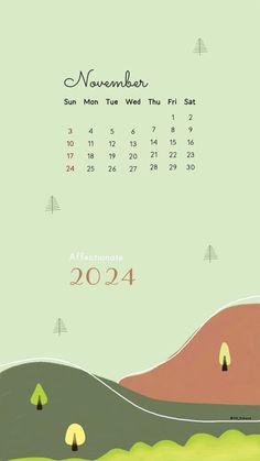 a calendar with trees and hills in the background, on a green background for november