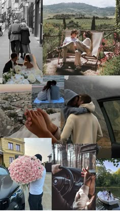 a collage of photos with people, flowers and cars on the street in front of them