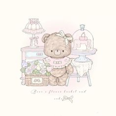 a drawing of a teddy bear sitting in front of a table with cake on it