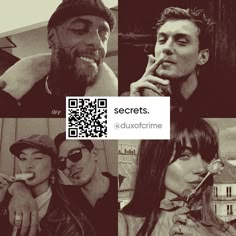 four different pictures of people with qr code on their faces and the words secrets @ duxtefime