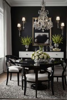 dining room color scheme ideas monochrome symphony 2 Black White Dining Room, Black Dining Table Decor Ideas, Boack And White Dining Room Table, Gothic Dining Room, Black And White Dining Room, Black Granite Countertops, Mcm Furniture