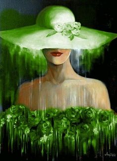 a painting of a woman wearing a large green hat with flowers on it's brim