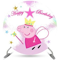 a pink peppo pig with a crown on it's head and stars in the background