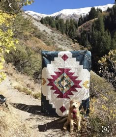 a dog sitting in front of a quilt on the side of a dirt road with mountains in the background