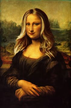 a painting of a woman with long blonde hair wearing a black dress and holding her arms crossed