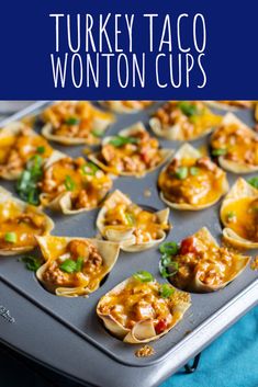 turkey taco wonton cups on a baking sheet with the title text overlay