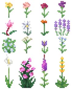 cross stitch flowers are arranged in rows on a white background, each with different colors