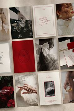 many different types of wedding cards are arranged in a grid pattern with red and white accents