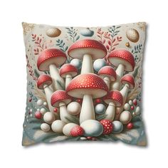 a decorative pillow with mushrooms on it