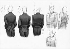 sketches of men's suits and ties from the back to the front, with different angles