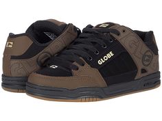 Globe Tilt - Men's Skate Shoes : Black/Brown : Keep your style going strong with the iconic silhouette and cushioned support of the Globe Tilt skate shoes. Skateboard shoes with leather uppers. Large Globe brandings on upper. Flush and stitched PVC lace eyelets. Hidden lacing options in key areas for added lace protection. Thicker outer sidewalls for added durability. Padded tongue and collar for added comfort. Breathable slip-resistant lining for a more stable skate. Cupsole construction. Rubbe Mens Chunky Shoes, Urban Brown Skate Shoes With Rubber Sole, Brown Urban Skate Shoes With Rubber Sole, Brown Sneakers With Laces For Skateboarding, Brown Skateboarding Sneakers With Laces, Leather Skate Shoes With Laces For Streetwear, Lace-up Rubber Sole Skate Shoes, Lace-up Skate Shoes With Rubber Sole, Brown Skate Shoes With Abzorb Midsole For Sports