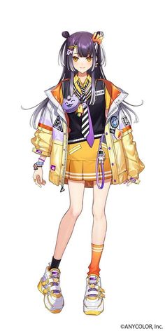 an anime character in yellow and black clothes with her hands on her hips, wearing orange shoes