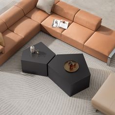 a modern living room with leather couches and coffee table in the middle, on carpeted flooring