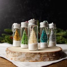 small glass jars filled with different types of christmas trees