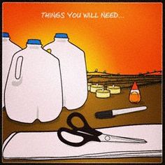 there are two jugs and scissors on the table next to each other, with an orange sky in the background