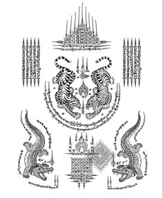 an intricate drawing with two dragon heads and other designs on the back side of it