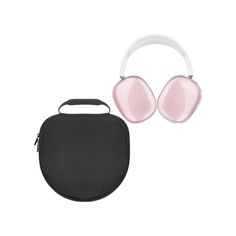 a pair of headphones and case on a white background with a pink earpiece