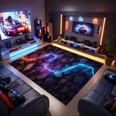 a living room filled with furniture and a flat screen tv mounted to the side of a wall