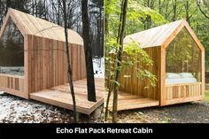 two pictures of a wooden cabin in the woods and one is made out of wood