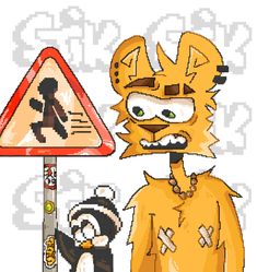 a cartoon character standing next to a sign with a penguin on it's back