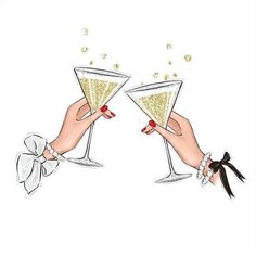 two hands holding champagne glasses with bows on their fingers and nail polishes in the other hand