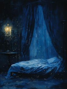 a painting of a bed in a dark room with curtains and a light on the wall