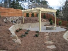 an outdoor patio with stone steps leading to a fire pit