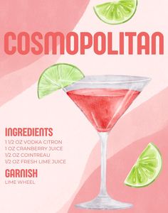 a poster advertising a cocktail drink with limes and watermelon garnish