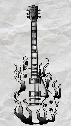 a drawing of a guitar with flames coming out of its neck and the top part of it's body