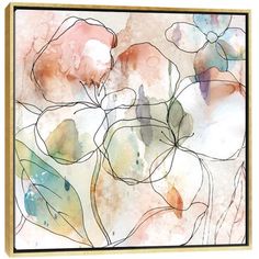 an abstract floral painting on canvas with watercolor paints and inks in the background